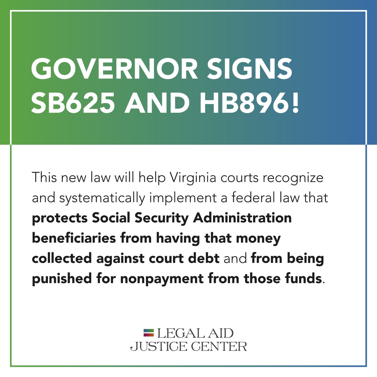 This week, Gov. Youngkin signed #SB625 and #HB896! Thousands of Virginians survive on SSA benefits, and this new law will help these Virginians and their families stay afloat. We want to thank everyone who worked on making this happen!