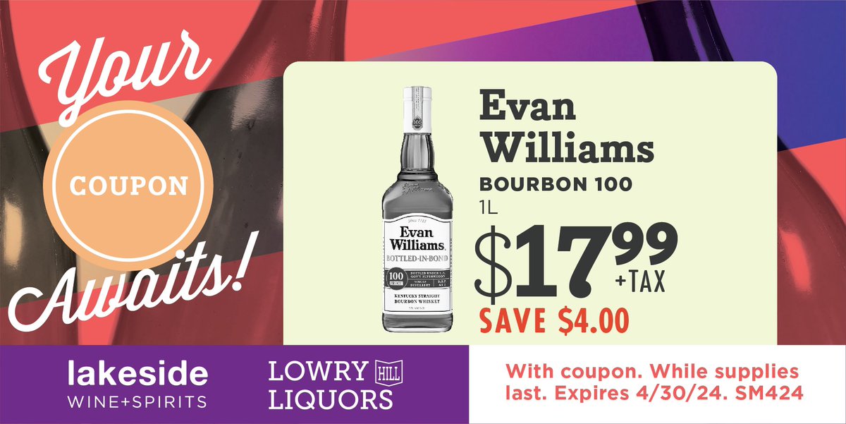 Save $4.00 on @evanwilliamsbourbon 100 1L bottles throughout the month of April with this virtual coupon while supplies last! #evanwilliamsbourbon #bourbon #whiskey #sourmash #april #cheers