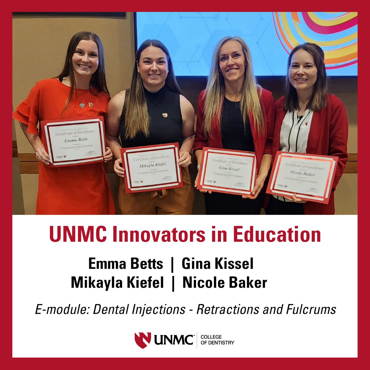 Congratulations to the College of Dentistry Dental Hygiene E-Learning Team for presenting their e-module, 'Dental Injections: Retractions and Fulcrums,' at the 2024 UNMC Innovators in Education Showcase held on April 9. See their project: bit.ly/4aK5gQ2 #iamunmc