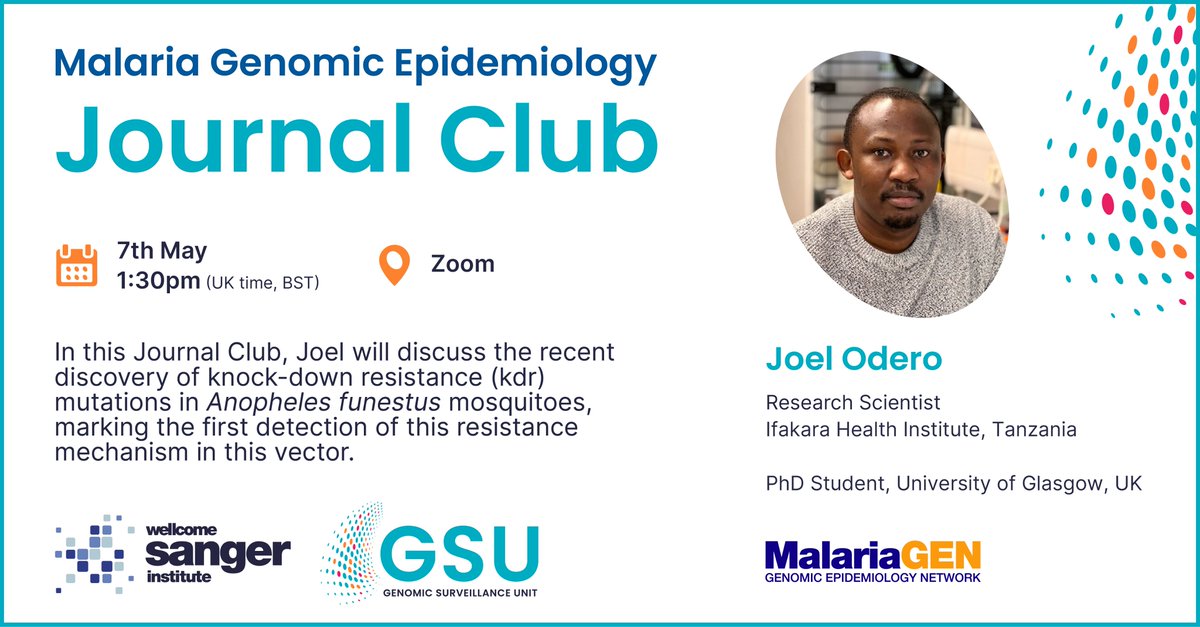 Join us for our next Journal Club with @odero_joe! Joel will discuss the discovery of knock-down resistance in Anopheles funestus🦟 They found mutations linked with resistance to the insecticide DDT, revealing a legacy of DDT pollution in Tanzania. 🔗sanger.zoom.us/webinar/regist…