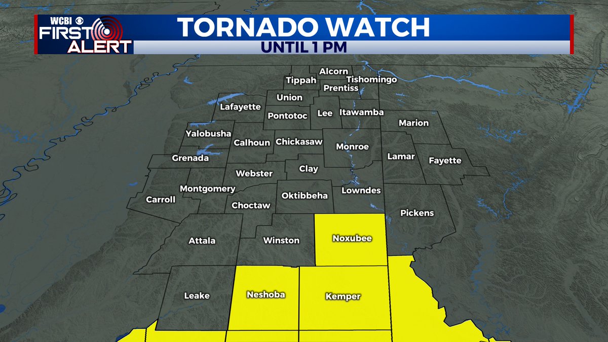 Tornado watch CANCELLED for Lowndes, Winston, Leake, Oktibbeha, Attala, and Clay counties. It remains in effect until 1p for Noxubee, Neshoba, and Kemper counties. #mswx