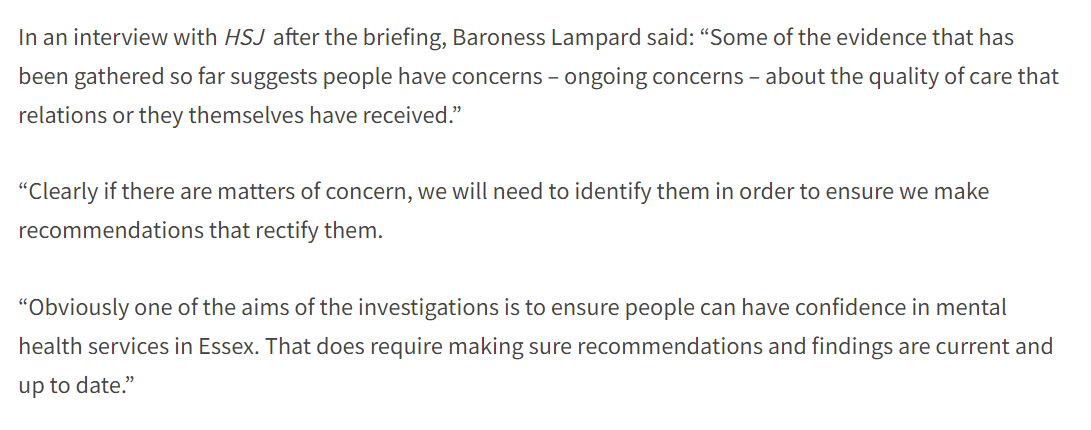 Here is Essex mental health inquiry chair on why she wanted to cover more recent cases (keep in mind it was announced in '21) hsj.co.uk/essex-partners…