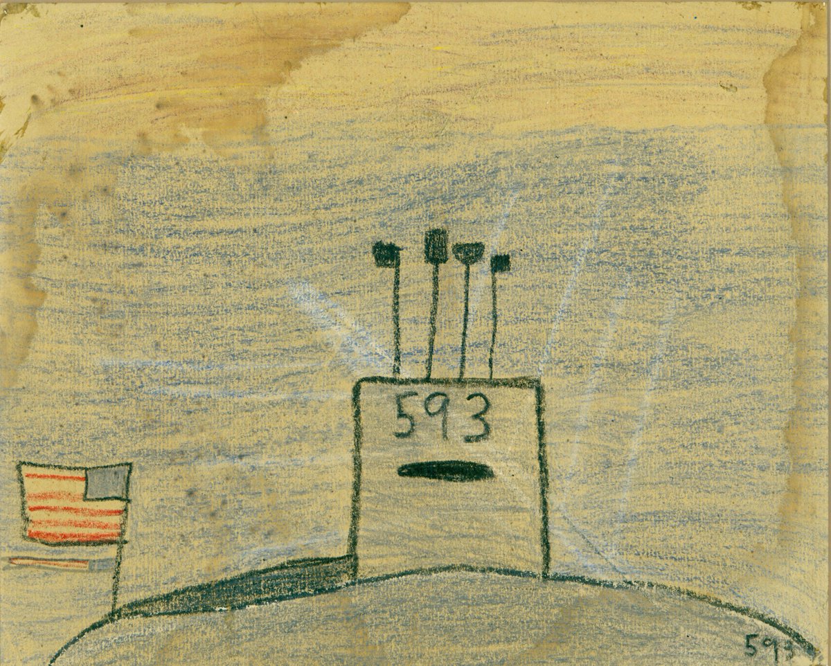 #OTD in 1963, 129 men were lost when the USS Thresher (SSN-593) sank during deep dive tests in the Atlantic Ocean. After being told about the disaster, the young son of skipper CDR John Harvey made this crayon drawing of the sub lying on the ocean floor.