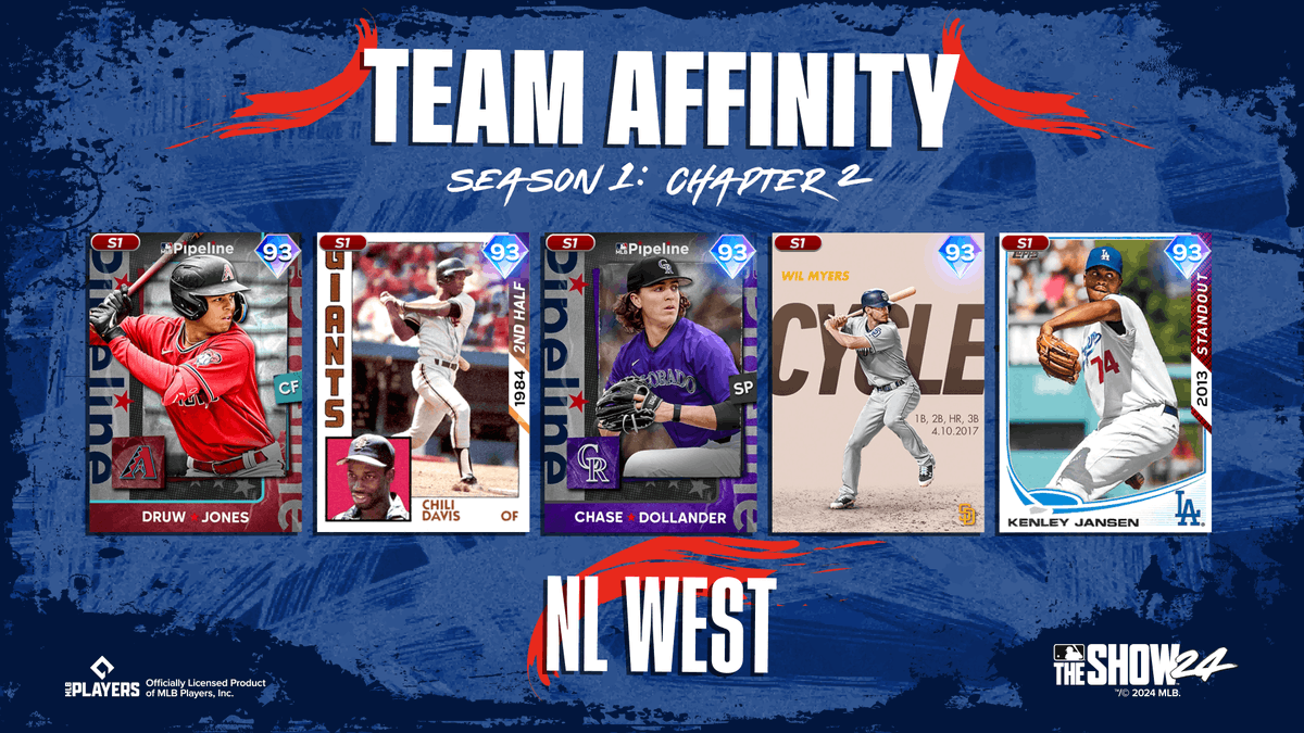 More Team Affinity Season 1: Chapter 2 reveals coming your way! The NL West features more Pipeline Series players as well as some favorites from years past. Play to earn these and other new 💎s when Chapter 2 drops this Friday. #MLBTheShow