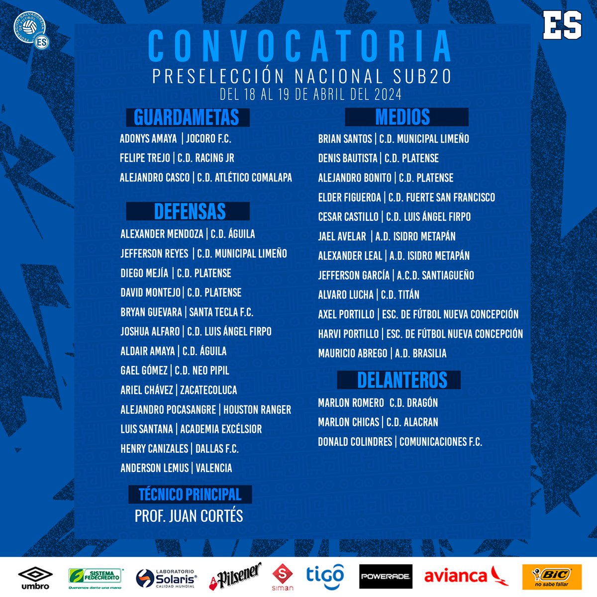 📝 | Convocatoria Preselección #LaSelectaSub20 Te compartimos lista de jugadores convocados por el Profesor Juan Cortés para trabajo de Preselección Nacional Sub20. #ElSalvador
