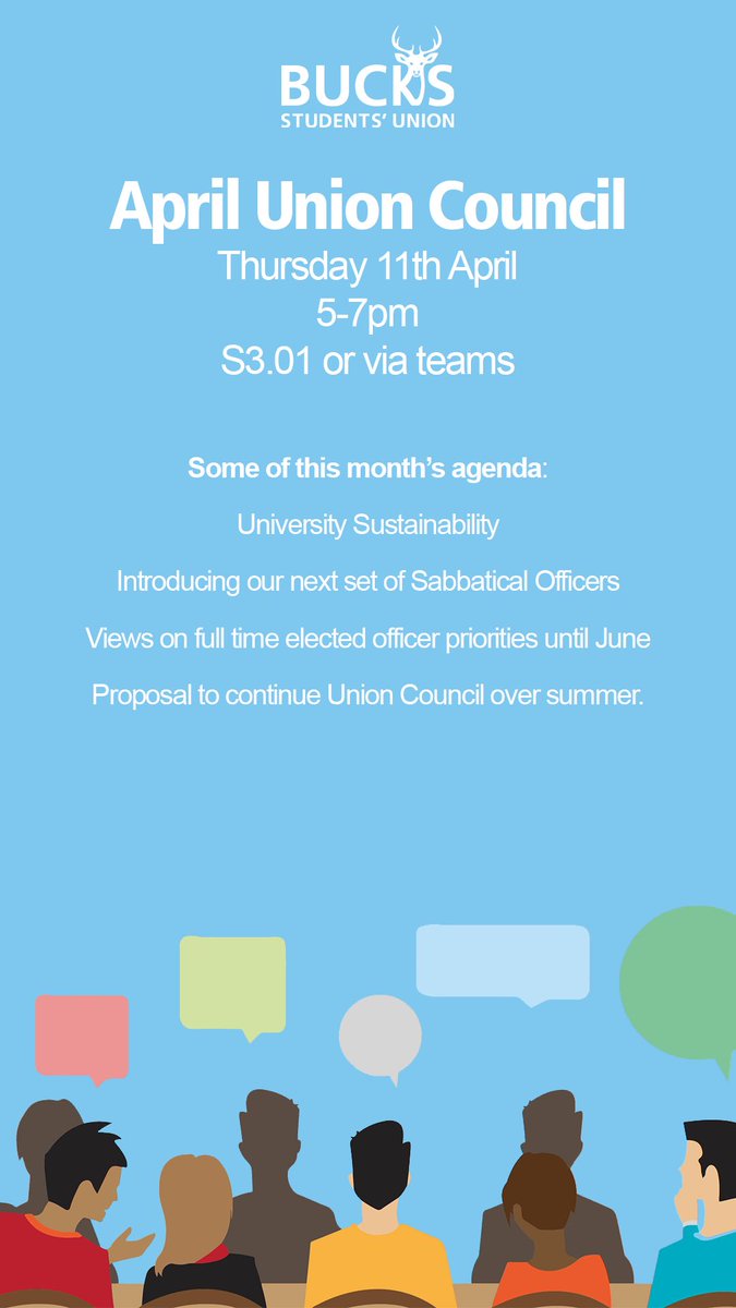 April’s Union Council is tomorrow, Come down to S3.01 or teams to discuss about University Sustainability and more. bucksstudentsunion.org/ents/event/872…