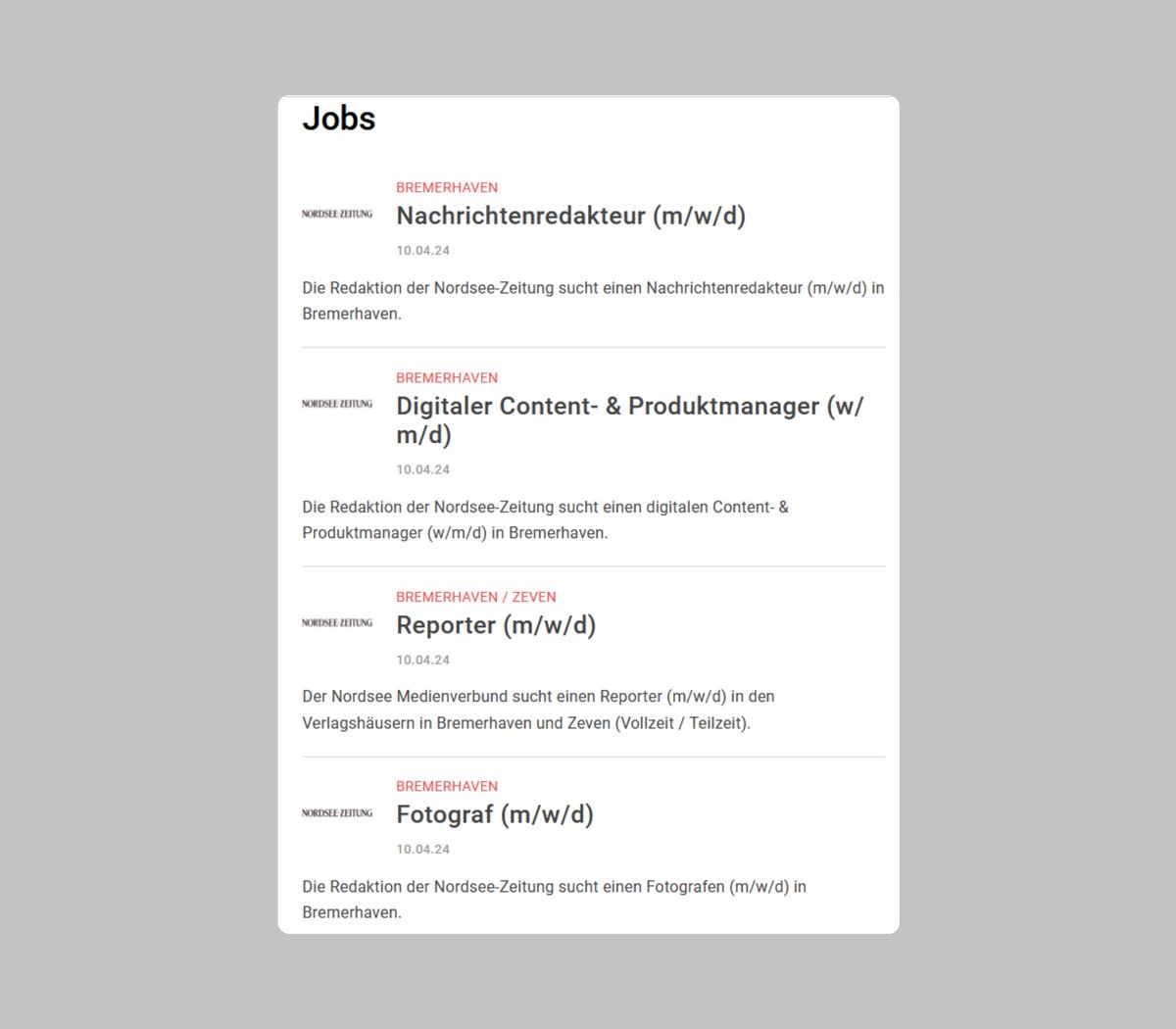 Die @nordseezeitung sucht einen Nachrichtenredakteur (m/w/d), einen digitalen Content- & Produktmanager (w/m/d), einen Reporter (m/w/d) und einen Fotografen (m/w/d) in Bremerhaven und Zeven. Alle Infos: journalist.de/startseite/jobs