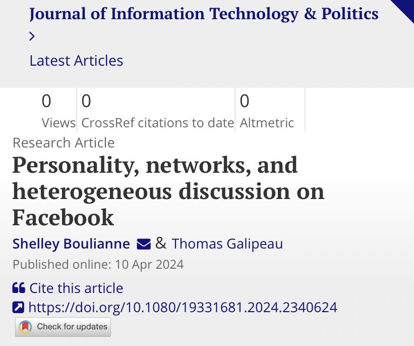 Another publication with @Thom_Galipeau , we examine the role of openness and extraversion in like-minded discussion on Facebook re: Covid-19 and politics. Published in @JITP_APSA