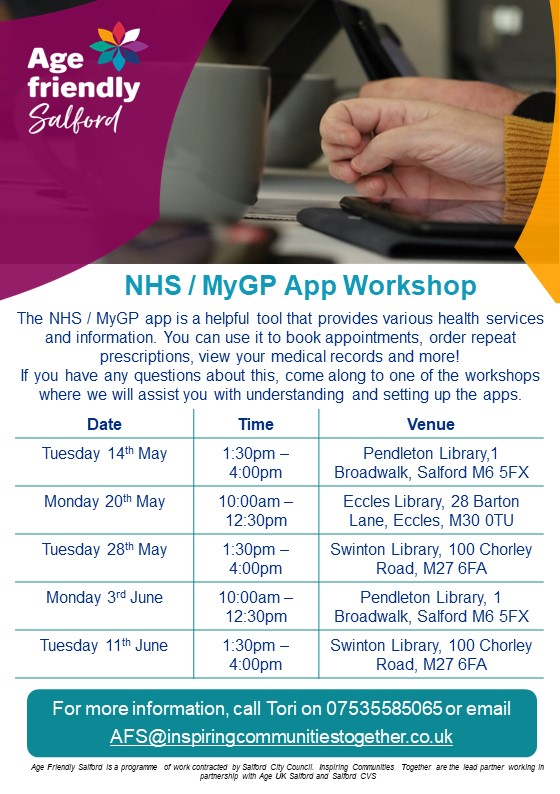 Discover the power of the NHS/MyGP app! Join our workshops to unlock its features: booking appointments, ordering prescriptions, and accessing medical records. Got questions? We've got answers! see locations and dates below! #NHS #MyGP #AgeFriendlySalford