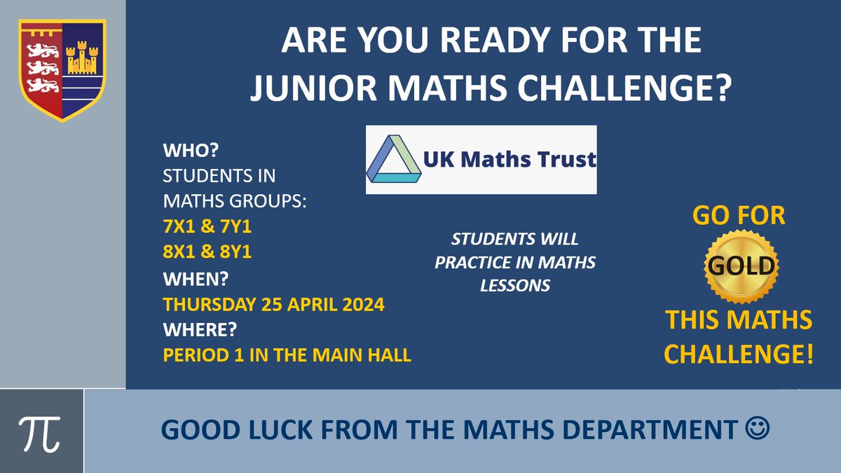 ⭐️ Year 7 & 8 students ⭐️ Are you ready for the UKMT Junior Maths Challenge on Thursday 25 April? #GoForGold 🥇 #MathsChallenge #GoodLuck #TeamKings