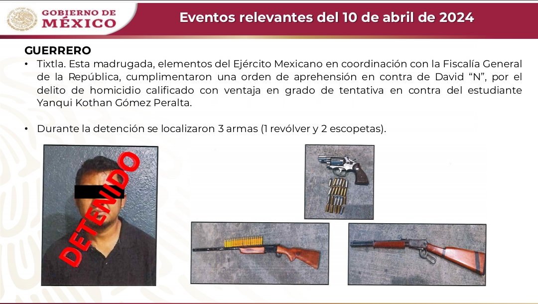 La madrugada de hoy fue aprehendido por elementos del Ejército Mexicano, David 'N', el policía presunto asesino del estudiante de Ayotzinapa, Yanqui Kothan Gómez el 7 de marzo pasado. Llamó a estudiantes a manifestarse de manera pacífica y a no caer en la manipulación política.