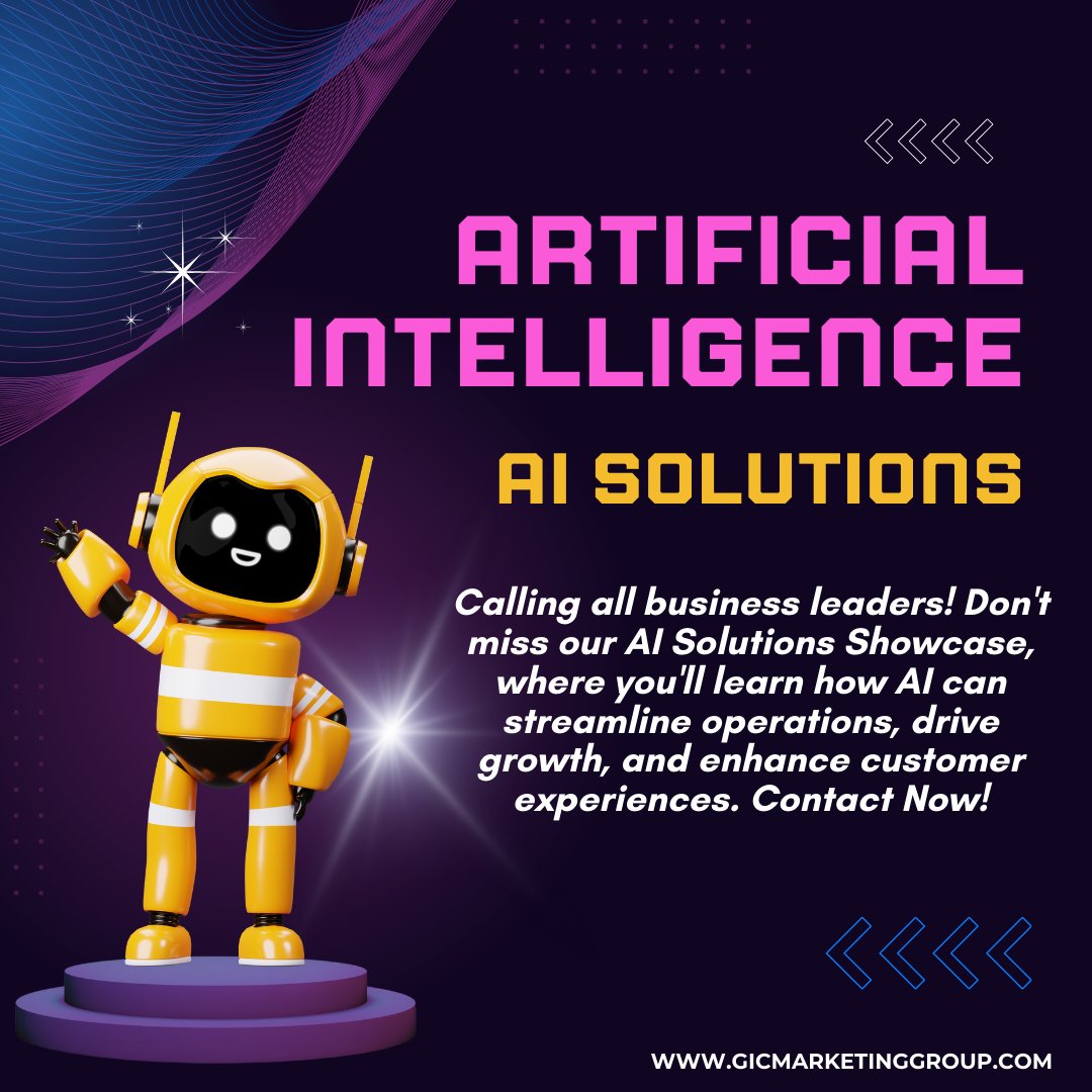 Attention all #businessleaders! Join us at our AI Solutions Showcase and discover how AI can revolutionize your operations, fuel growth, and elevate customer experiences. Contact us now to reserve your spot and stay ahead in the competitive landscape. #aifuture #gicmarketinggroup