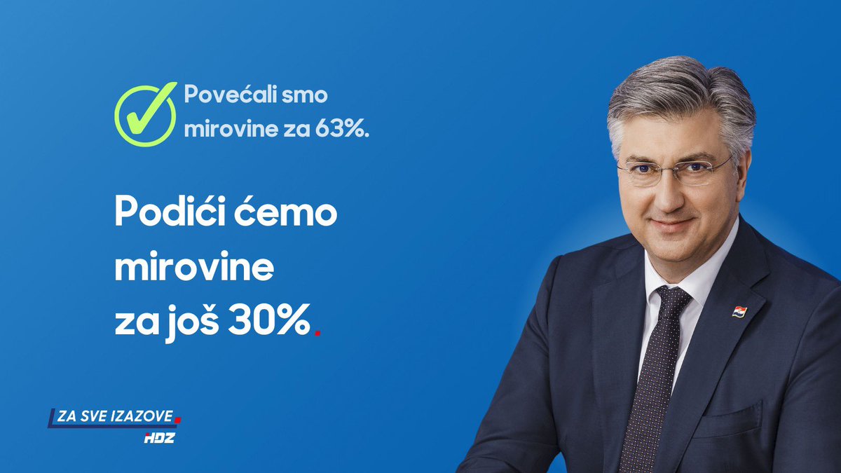 #ZaSveIzazove ✅izgradnja i dogradnja 18 centara za starije osobe ✅rast prosječne sveukupne mirovine na najmanje 750€ ✅promjena modela usklađivanja visine mirovina u korist umirovljenika ✅uvođenje godišnjeg dodatka za umirovljenike