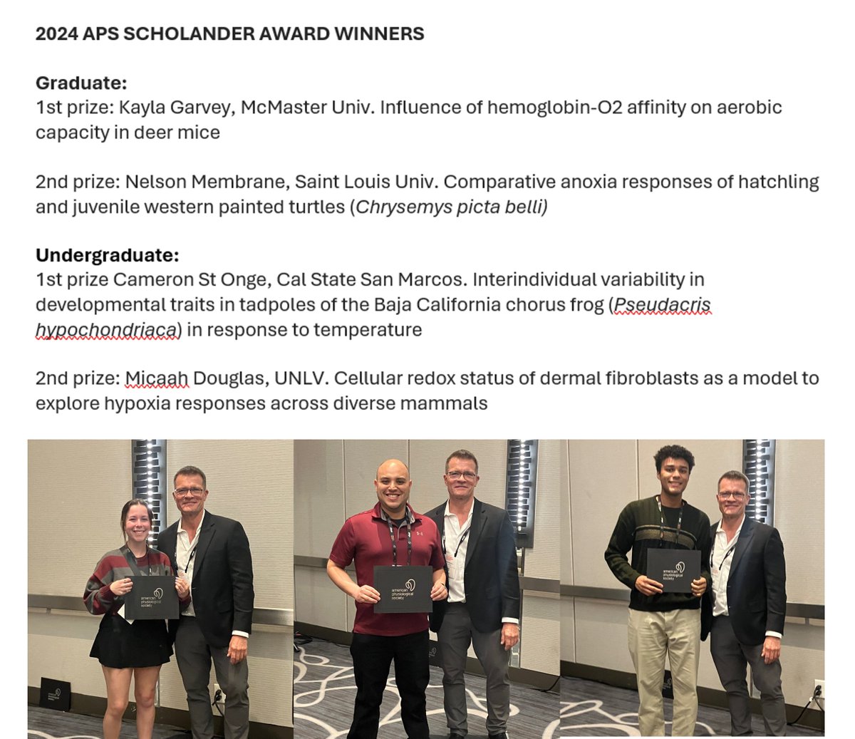 Congratulations to this year's Scholander Award winners at #APS2024 in Long Beach (pictured below with this year's Krogh Award Winner @MartinGrosell)