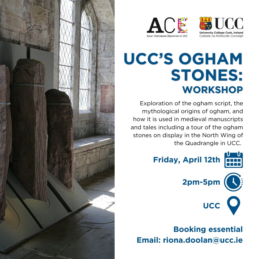 This Friday, take part in a fascinating workshop with @RionaDoolan on @UCC's Ogham Stones as part of #Cork Lifelong @learning_fest Booking essential, email riona.doolan@ucc.ie #CorkLifelongLearningFestival #Heritage #IrishHeritage