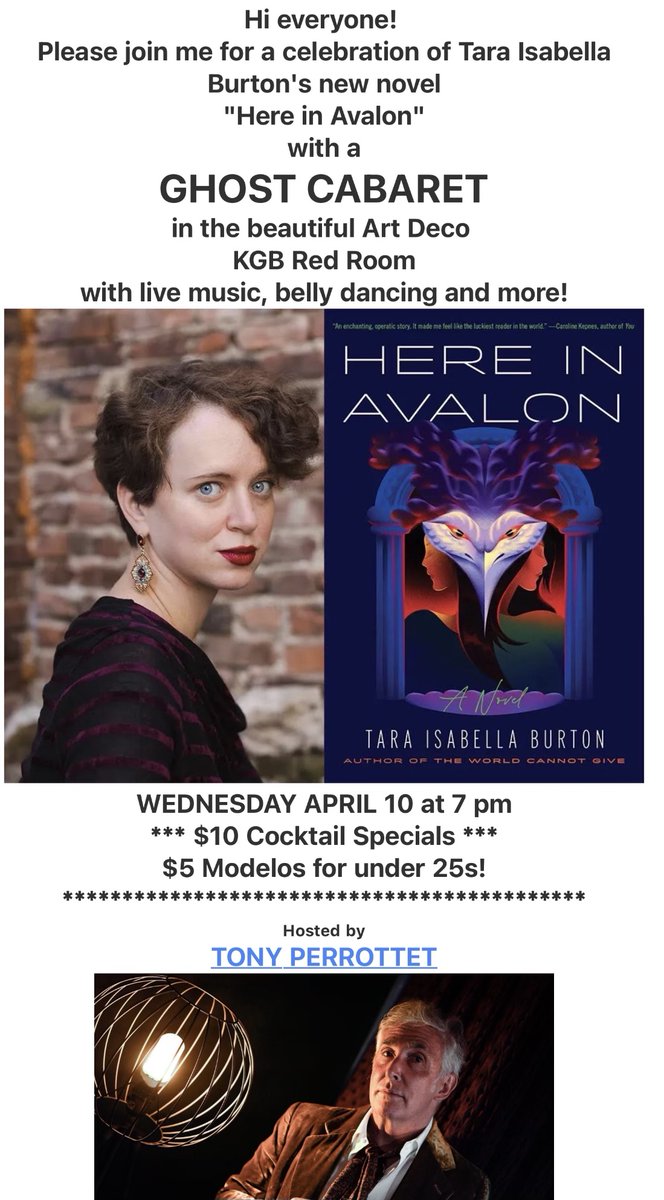 New York friends! I'll be reading/talking AVALON at @KGBBarRedRm tonight at 7 pm, with @TonyPerrottet and a host of fabulous performers (including a theramin-ist): come if you can!