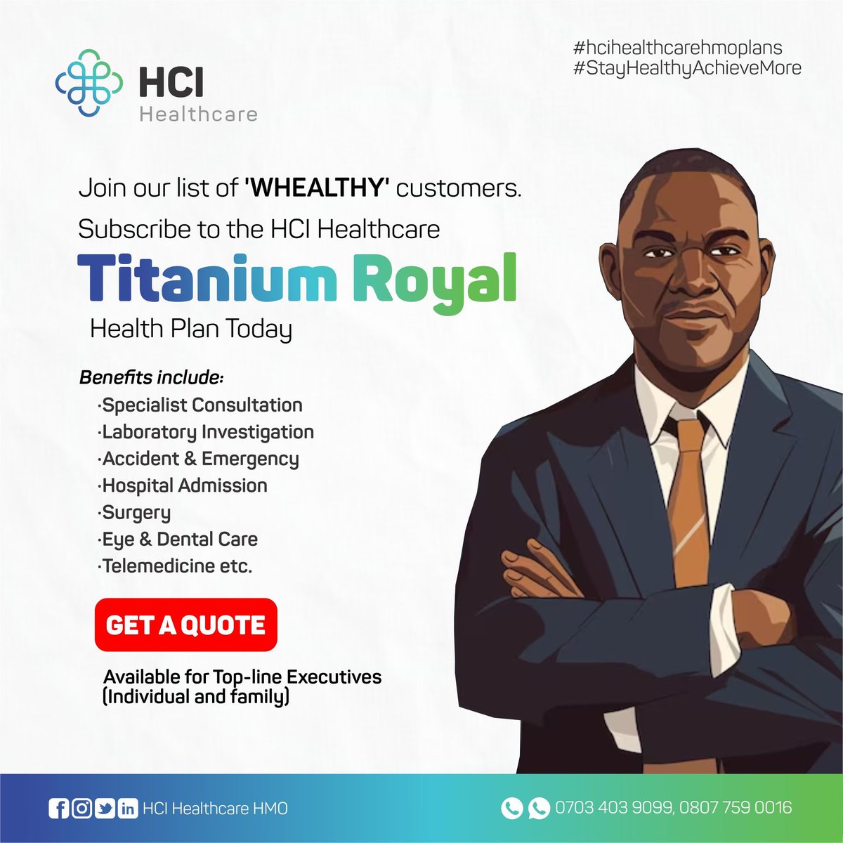 Join our list of WHEALTHY customers. 

Subscribe to our Titanium Royal Health Plan Today & enjoy up to N1,070,000 limit.

Click bit.ly/3HMusXZ to see full benefits or  bit.ly/HCIWa to talk to an agent. 

#executivedirector #managingdirector #businessowner