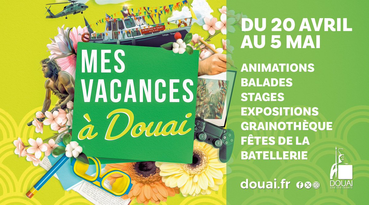 #Vacances Retrouvez tout le programme des vacances de printemps à #Douai, du 20 avril au 5 mai 2024 sur notre site : 📷douai.fr/mes-vacances-d…