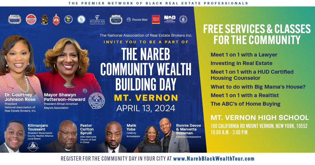 Join us for the NAREB & Westchester County Realtist Alliance’s Building Black Wealth Tour Community Day! Featuring workshops on home buying, seller options, inherited property, and more. PLUS, free mental health resources and health screenings. Don’t miss out! 🌟 #cmvny