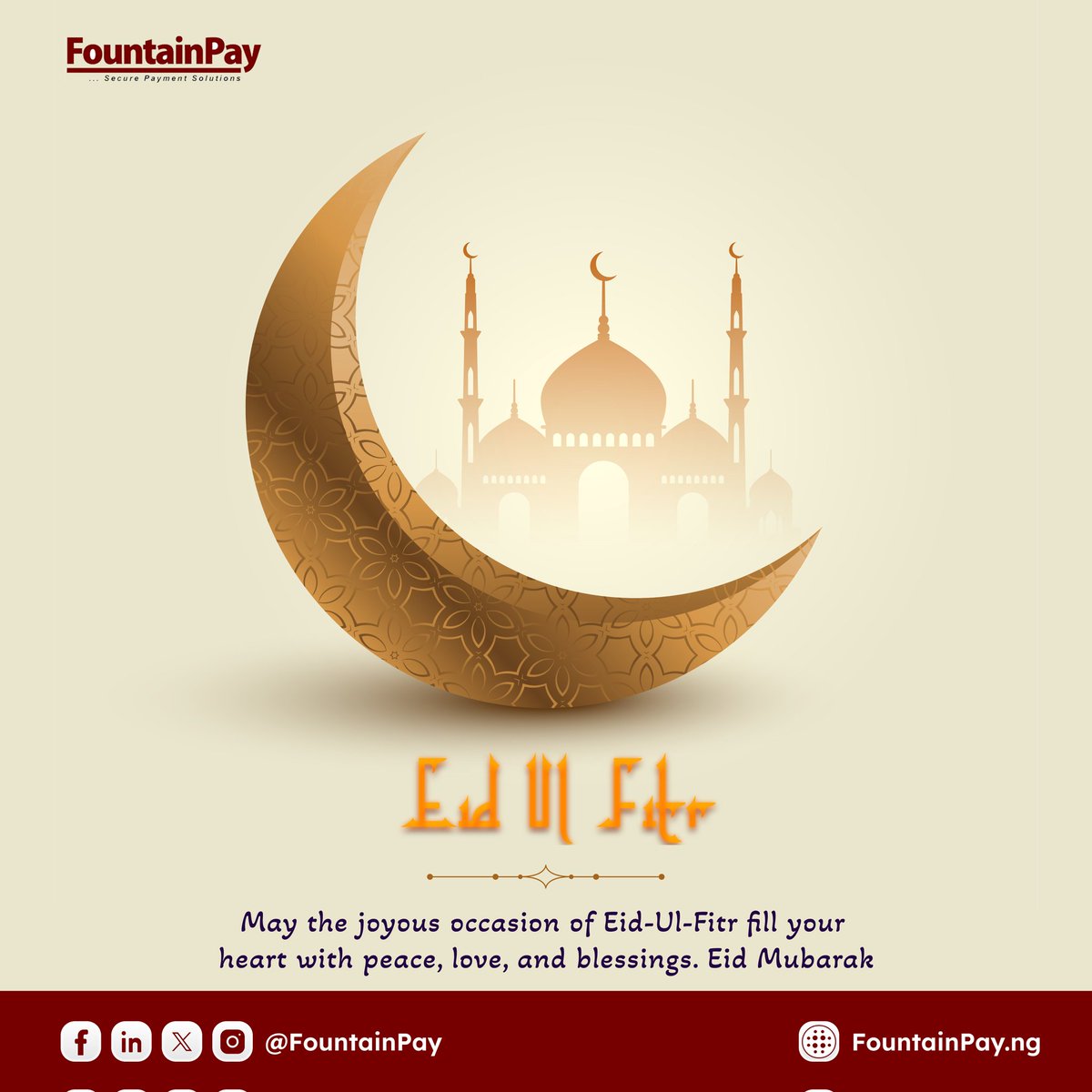 fountainpay_'s tweet photo. Happy Eid Mubarak! 🌙✨ May the blessings of this sacred day fill your heart with joy, your soul with peace, and your life with prosperity. https://t.co/qjdxwcfsZH