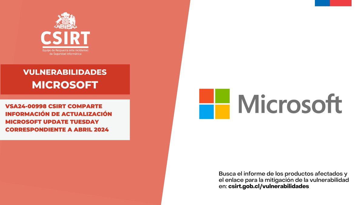 ANCIChile's tweet photo. ¡A parchar! 🩹 Desde el #CSIRT de Gobierno compartimos información de vulnerabilidades contenidas en paquete de actualizaciones #UpdateTuesday de #Microsoft correspondiente a abril de 2024. Detalles: https://t.co/4pzQrz0IKL #CSIRTGob #vulnerabilidades https://t.co/tJiUgFHlik