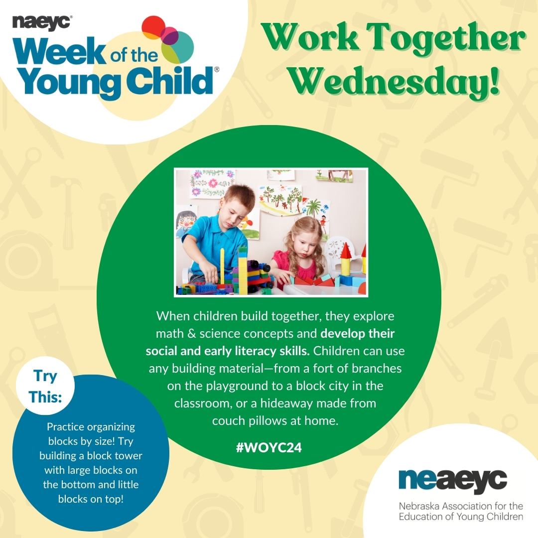 Nebraska AEYC (@neaeyc) on Twitter photo Today is Work Together Wednesday!🤝
Build and share pictures of children’s creations on your own Facebook page, or post to X and Instagram using #WOYC24! Today is Work Together Wednesday!🤝
Build and share pictures of children’s creations on your own Facebook page, or post to X and Instagram using #WOYC24!