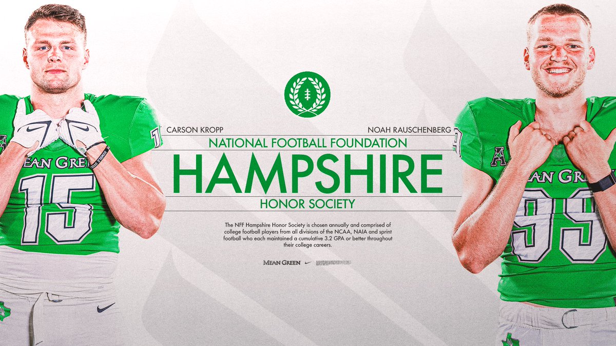 UNT Football (@meangreenfb) on Twitter photo Standouts on the field and in the classroom! ππ
<a href="/carsonkropp/">Carson Kropp</a> & <a href="/Noah_Rausch99/">Noah Rauschenberg</a> have been selected as new members of the <a href="/NFFNetwork/">National Football Foundation</a> Hampshire Honor Society!
MORE: northtex.as/3xwyKCM
#GMGπ¦
Standouts on the field and in the classroom! ππ
<a href="/carsonkropp/">Carson Kropp</a> & <a href="/Noah_Rausch99/">Noah Rauschenberg</a> have been selected as new members of the <a href="/NFFNetwork/">National Football Foundation</a> Hampshire Honor Society!
MORE: northtex.as/3xwyKCM
#GMGπ¦