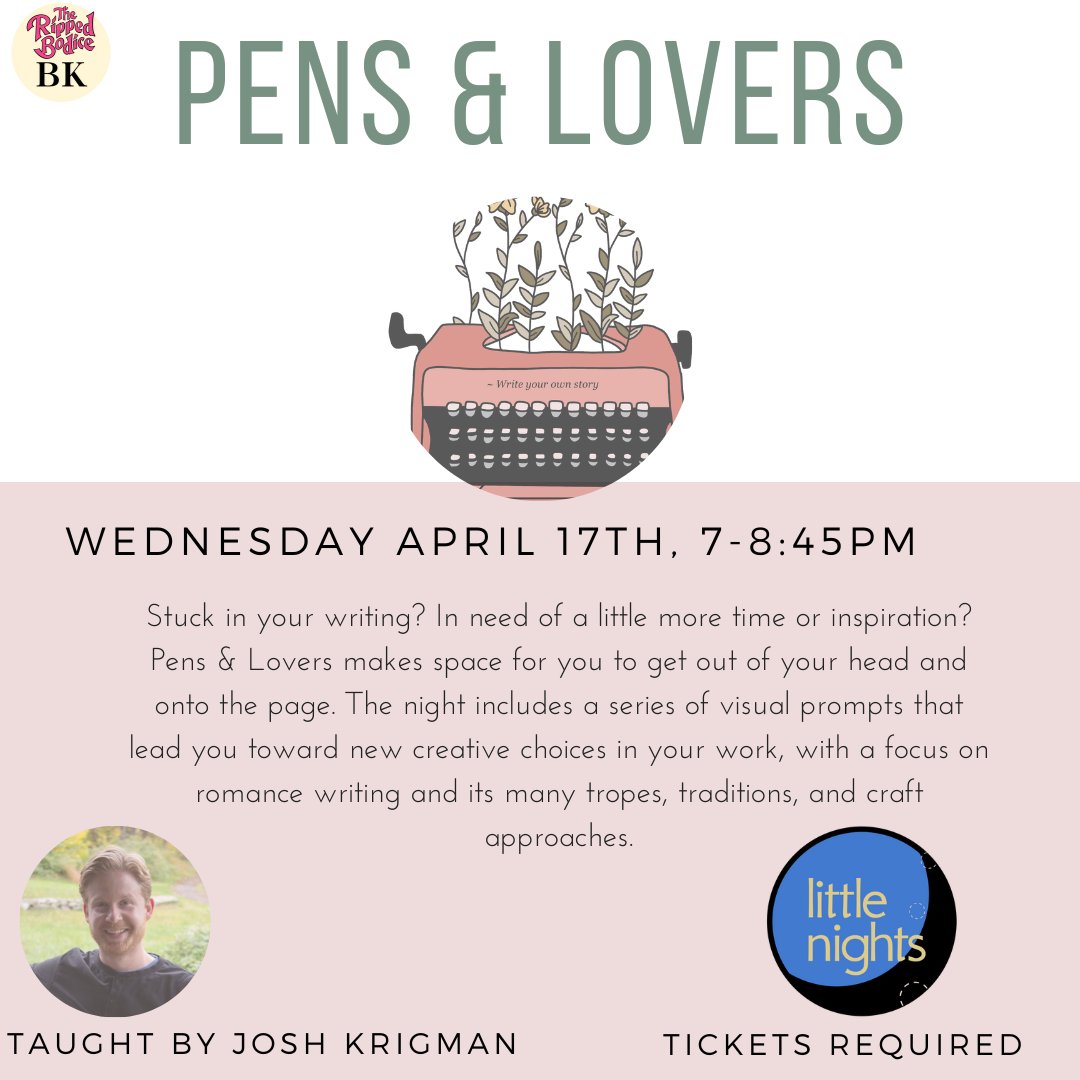 IN 1 WEEK! Our next Pens & Lovers community writing event is on Wednesday, April 17th at 7pm at our Brooklyn store. ❤️ Instructor Josh Krigman will provide visual prompts that focus on romance writing & its many tropes, traditions, & craft approaches. 🖋️ therippedbodicela.com/brooklyn-events