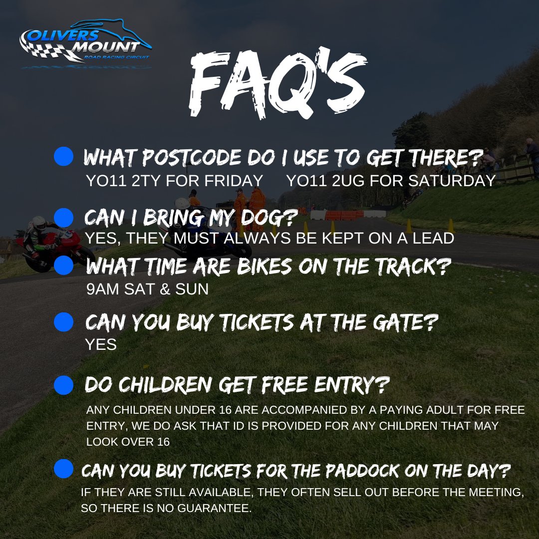 Get ready for racing!! Here are some of our most commonly asked questions. For further FAQ's, head to our website: oliversmount.com/visitor-info/ We appreciate all support we receive and can't wait to see you back for racing in 2024! #FAQ #oliversmount #scarborough #roadracing