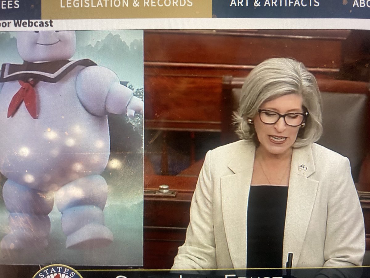 Stay Puft Marshmallow Man makes an appearance on the Senate floor as Sen. Ernst talks about lack of in office government workers