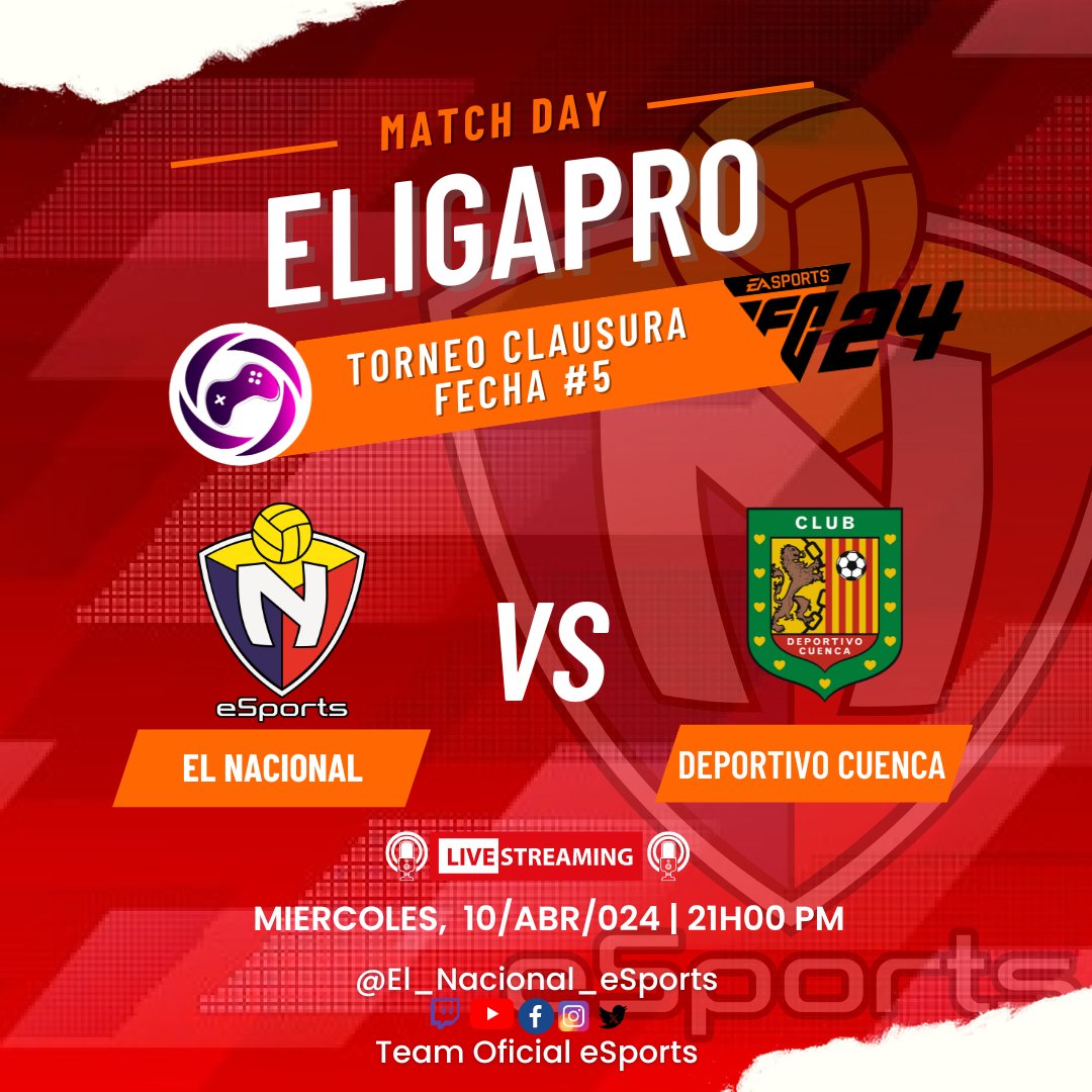 ¡¡¡ HOY JUEGA EL #BITRIgaming !!!
🎮TORNEO CLAUSURA 2024 #eafc24🏆
¡Match Day 🎮⚽️ #BITRIgaming ⚽️🎮!
🏆 <a href="/eligapro/">eLigaPro Ecuador</a>  ⚽️Torneo Clausura 2024
🗓 Fecha # 5️⃣
📆📌10/ABR/024 21H00 🕐
🆚️ @dcuenca_oficial #eSports 🎮
🎥 On Stream 💻
#vamosbitrigaming
<a href="/aedeecuador/">aedeecuador</a>  <a href="/elnacionalec/">Club Deportivo El Nacional</a>
