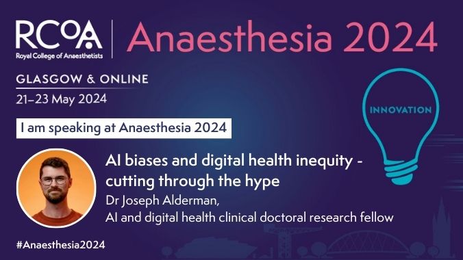 Looking forward to joining @RCoANews at #Anaesthesia2024 next month I'll be talking about the growing evidence that biased AI algorithms can cause harm, and what we can do to reduce the risk to our patients @diversedata_ST