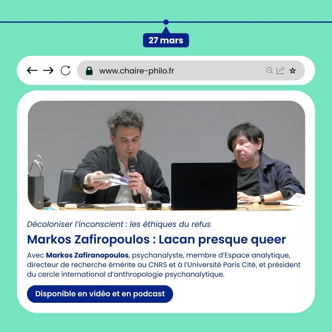 [#REPLAY🔁] 1 nouveau replay de séminaire est disponible sur le site de la Chaire @hospiphilo : Retrouvez la 2e séance du séminaire 'Décoloniser l'inconscient : les éthiques du refus' (@GhuParis @LeCnam) avec @MarkosMzafir (@cnrs @univ_paris_cite) ⬇️ chaire-philo.fr/markos-zafirop…