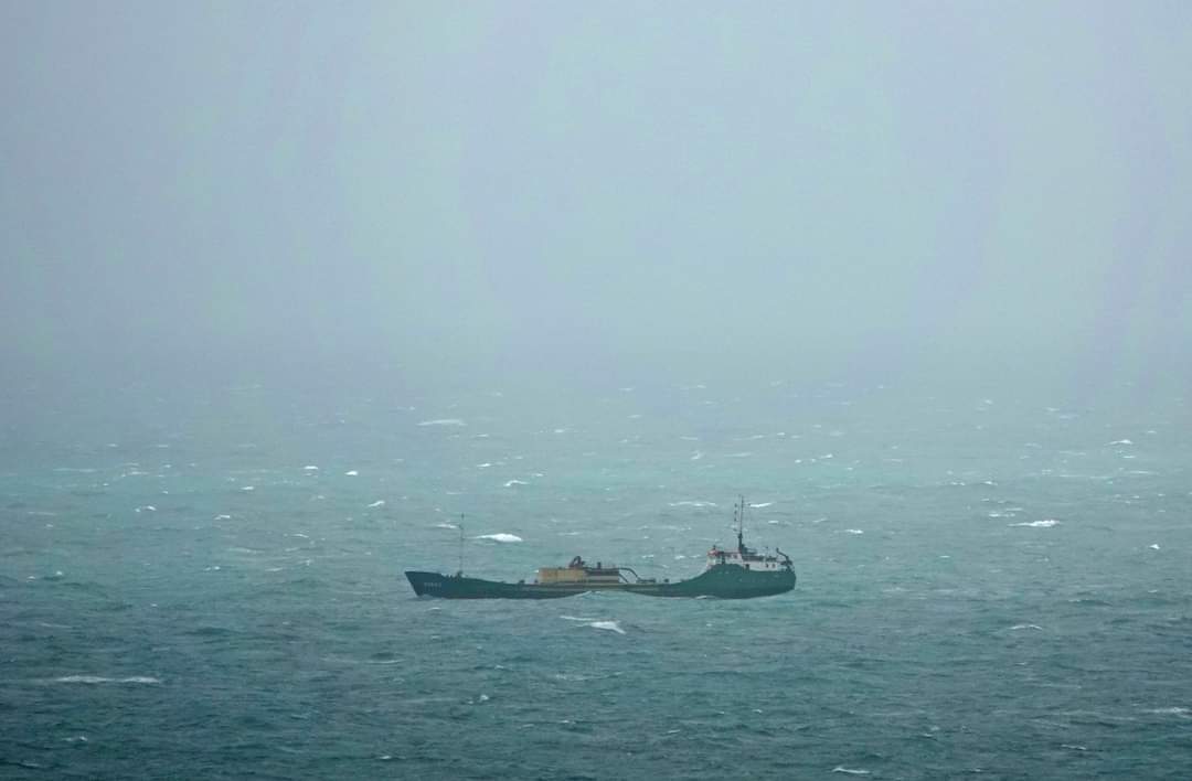 The MV Ronez sheltering in Penzance Bay yesterday.

Our 42 year old bulk carrier, the MV Ronez arrived in St Helier, #jersey this morning following a marathon ten day voyage from Dublin.

Text and image courtesy of Mark Pulley.