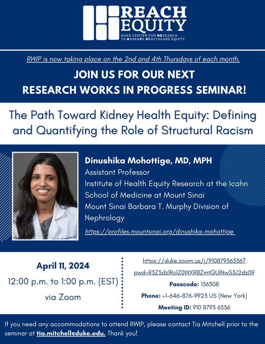 🚨 Happening Tomorrow 🚨 Join REACH Equity for this exciting seminar on the path to kidney health equity and the role structural racism plays in that path. Details in the flyer below!