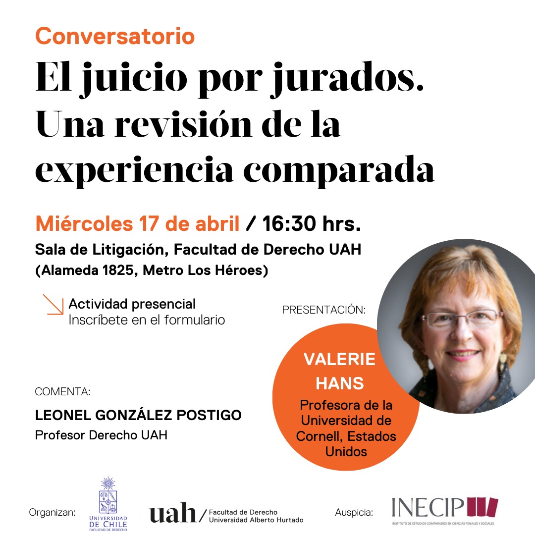 El próximo miércoles 17 realizaremos un conversatorio sobre el juicio por jurados y la calidad democrática junto a la profesora Valerie Hans @jurygirltweet de @Cornell, organizado en conjunto entre @derechouah y @derechouchile con el auspicio de @INECIP. Les esperamos!