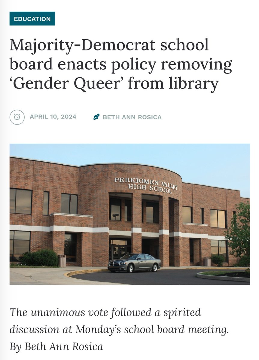 AdaNestorWC's tweet photo. Go Perkiomen Valley School District!
"The Perkiomen Valley School District board of directors voted unanimously Monday to enact Policy 109 that prohibits “depictions, representations, in whatever form, of nudity, sexual conduct, sexual excitement, or sadomasochistic abuse…. when they meet the criteria of harmful to minors.”
According to Superintendent Dr. Barbara Russell, Gender Queer — one of the most debated library books in the country — was removed from the district’s online catalog for not conforming to the new policy."
https://t.co/JjctNnfi2I