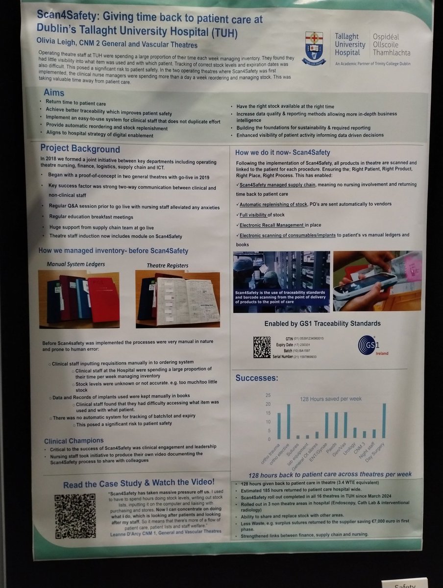 Two fantastic examples of #GS1standards in action at this year's @QualityForum, managing patient flow and bed occupancy with Live Bed State at @LeedsHospitals, and releasing time back to patient care through @scan4safety at @TallaghtUn5530. Looking forward to the poster session!