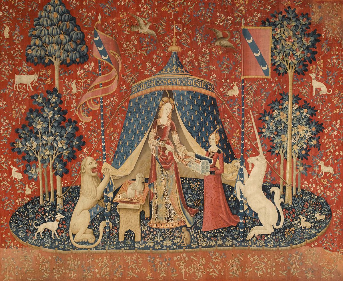 This is one of the 6 tapestries, woven in around 1500, from 'The Lady and the Unicorn' series representing the senses - on display @museecluny Celebrating reopening of @PerthMuseumUK and their Unicorn exhibition #OnlineArtExchange