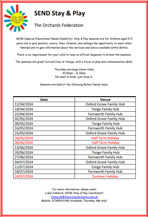 Send Stay &amp; Play for families with children aged 0-5 years, Thursdays 10:00am – 11:30am (term time only).