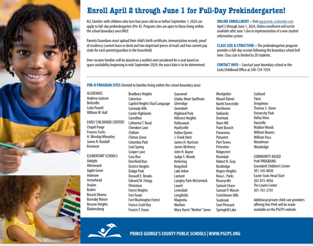 Families with children who turn four years old on or before September 1, 2024 can apply to full-day prekindergarten. Program sites are only open to those living within a school’s boundary area. More information here: pgcps.org/offices/early-…