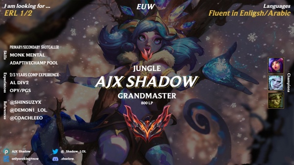Still contracted to <a href="/PegasusMENA/">Pegasus Esports</a>, But they allowed me to explore options.
Mainly looking for ERL Div 1/2.
References:<a href="/Demon1_lol/">Demon 🇲🇦</a>,<a href="/ShinsuZYX/">Ricardo Sikaffy</a>,@Abdulra26219812,@CoachLeeony + any of my previous teammates. For contact discord: .shaclow.
Like and retweets are highly appreciated!