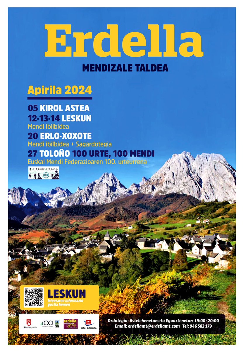 ⛰️[eus] Erdella Mendizale Taldeak egitarau mardula antolatu du apirilerako 🥾Animatu eta eman izena mendi irteeretan! 🌄[cas] Erdella Mendizale Taldea ha organizado un intenso programa de actividades para el mes de abril 🏞️¡Anímate y apúntate a las salidas montañeras!