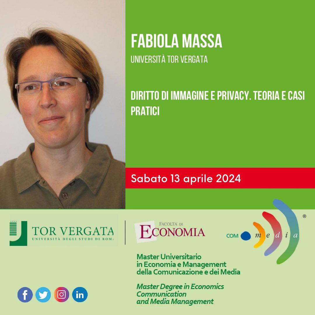 📚 Le lezioni della settimana! Sabato la Prof.ssa Fabiola Massa, @unitorvergata terrà al #Master una lezione su #diritto di #immagine e #privacy.