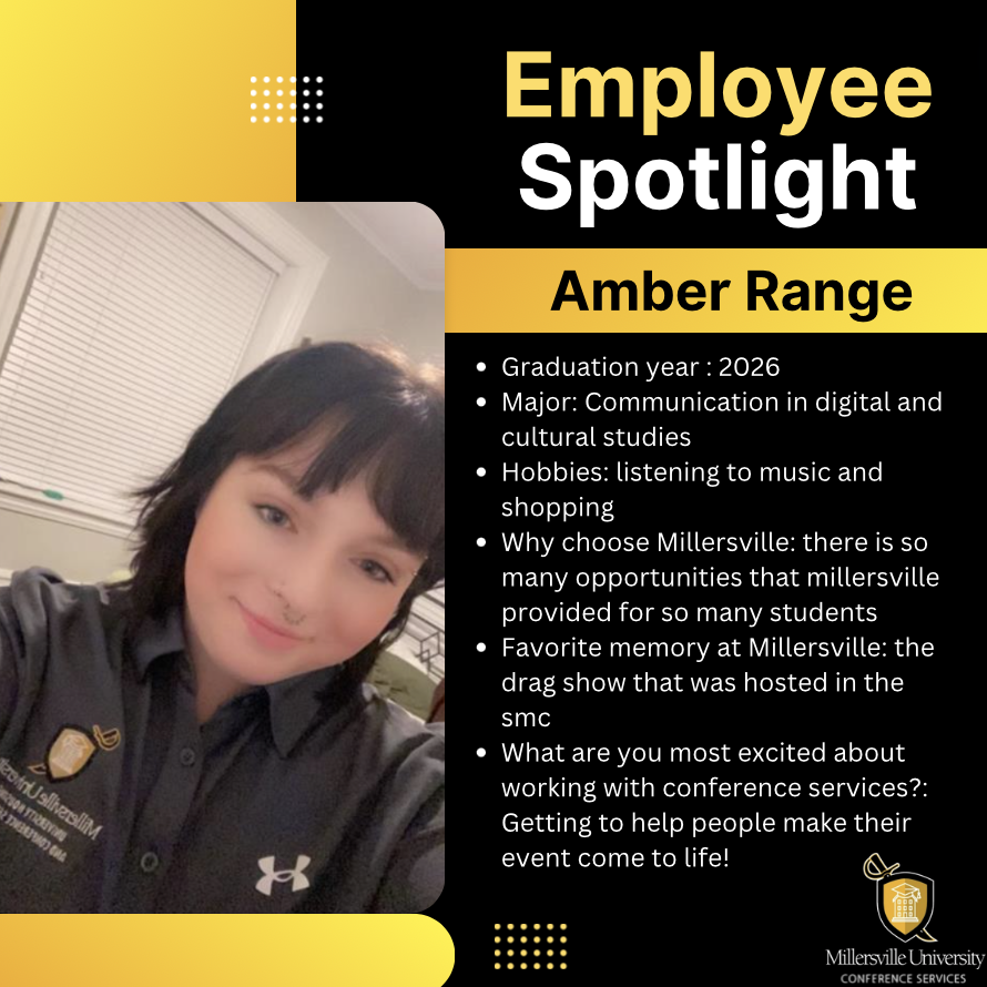 Time to shine the spotlight on another crucial member of our team! Today, let's meet Amber Range. . #millersvilleuniversity #villeeventplanners #meettheteam #employeespotlight #conferenceservices #eventplanning #eventplannerlife #eventdesigner #employeespotlight