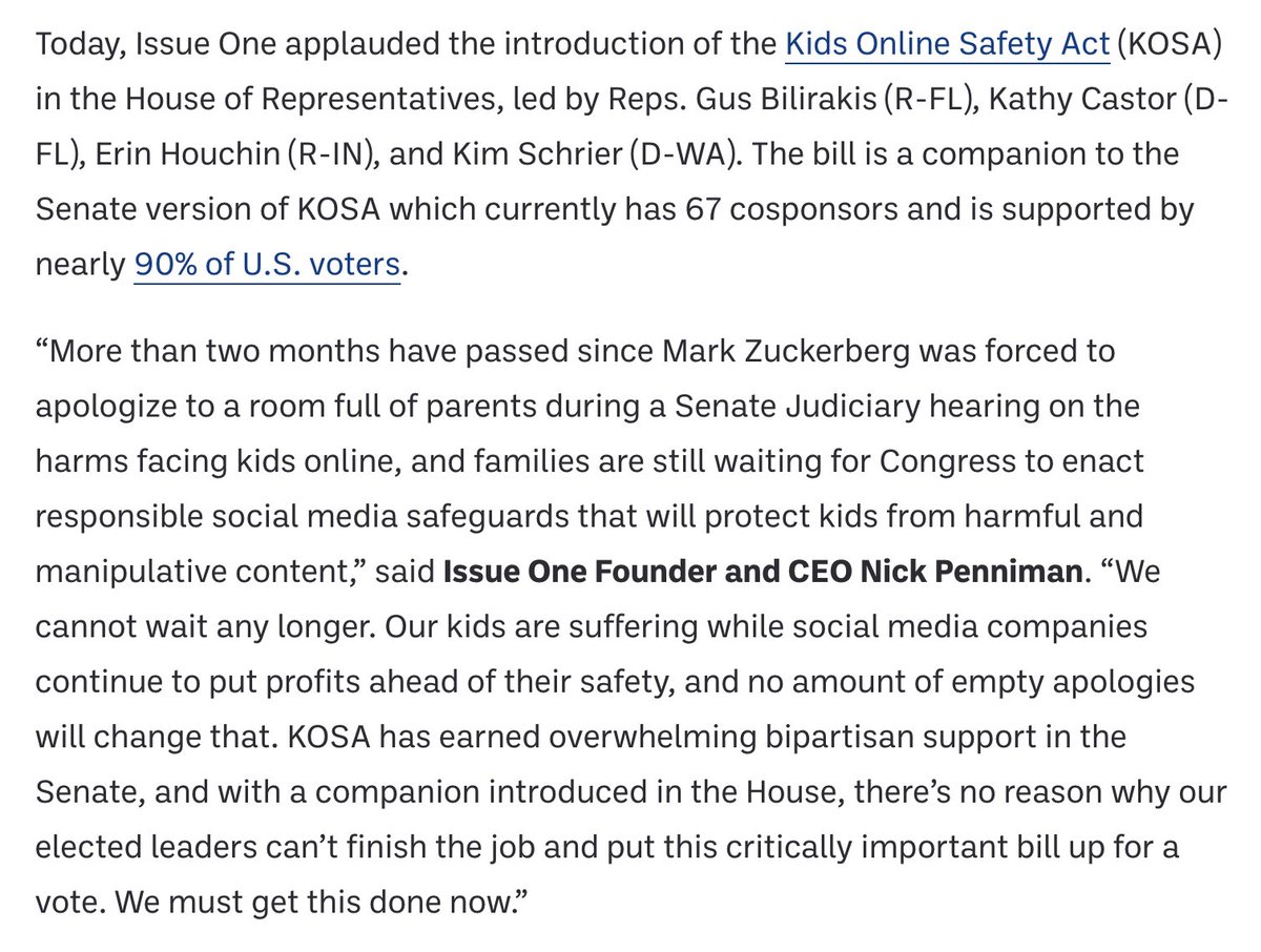 The Kids Online Safety Act has been introduced in the House! #KOSA Read our statement: issueone.org/press/issue-on…