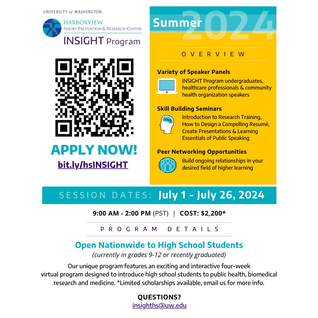 The UW INSIGHT High School Program is building the next generation of doctors, researchers, & public health experts. The 4 wk #VirtualProgram is designed to introduce students to public health, research, & medicine over the summer. Interested? Learn more: bit.ly/hsINSIGHT