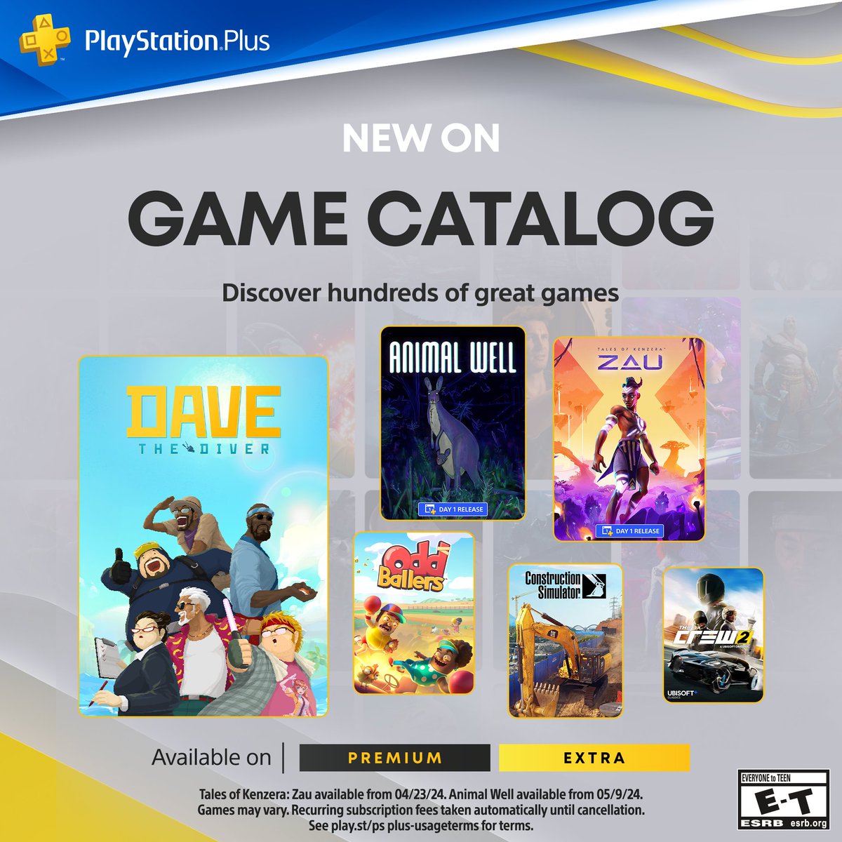 The PlayStation Plus Game Catalog for April includes: ➕ Dave the Diver ➕ Tales of Kenzera: Zau ➕ The Crew 2 ➕ Construction Simulator …with Animal Well joining the lineup in May. Full details: play.st/3PVOiX0