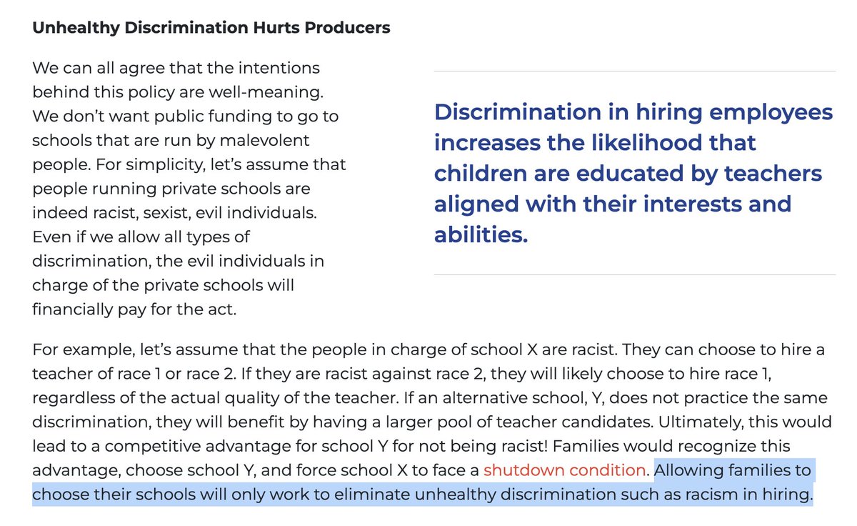A reminder that one of the architects of Tennessee's school voucher plan, @DeAngelisCorey, has argued that 'legalizing discrimination would improve the education system.' He assumes there would not be a market for a whites-only school. LINK: fee.org/articles/legal…