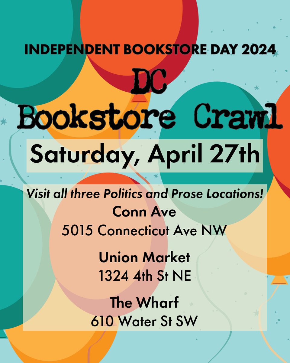 Visit P&P during the DC Bookstore Crawl for Independent Bookstore Day on Saturday, April 27th! 🎈 📚 🎈 It's a chance to bring your friends and meet people to connect over our mutual love of books! Click the link for more - bit.ly/4avUtcz